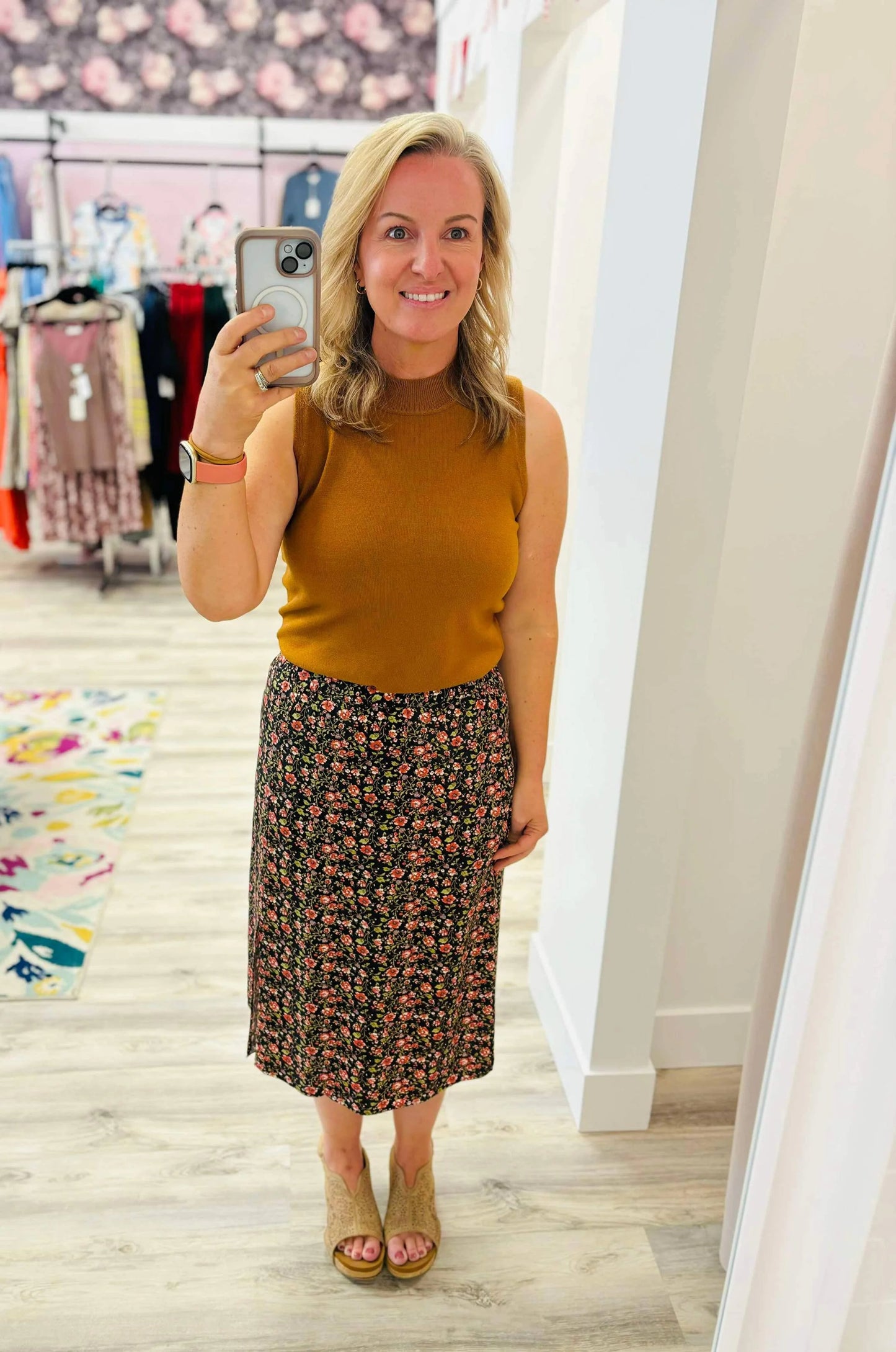 G&L BLACK DITSY Satin Midi Floral Skirt