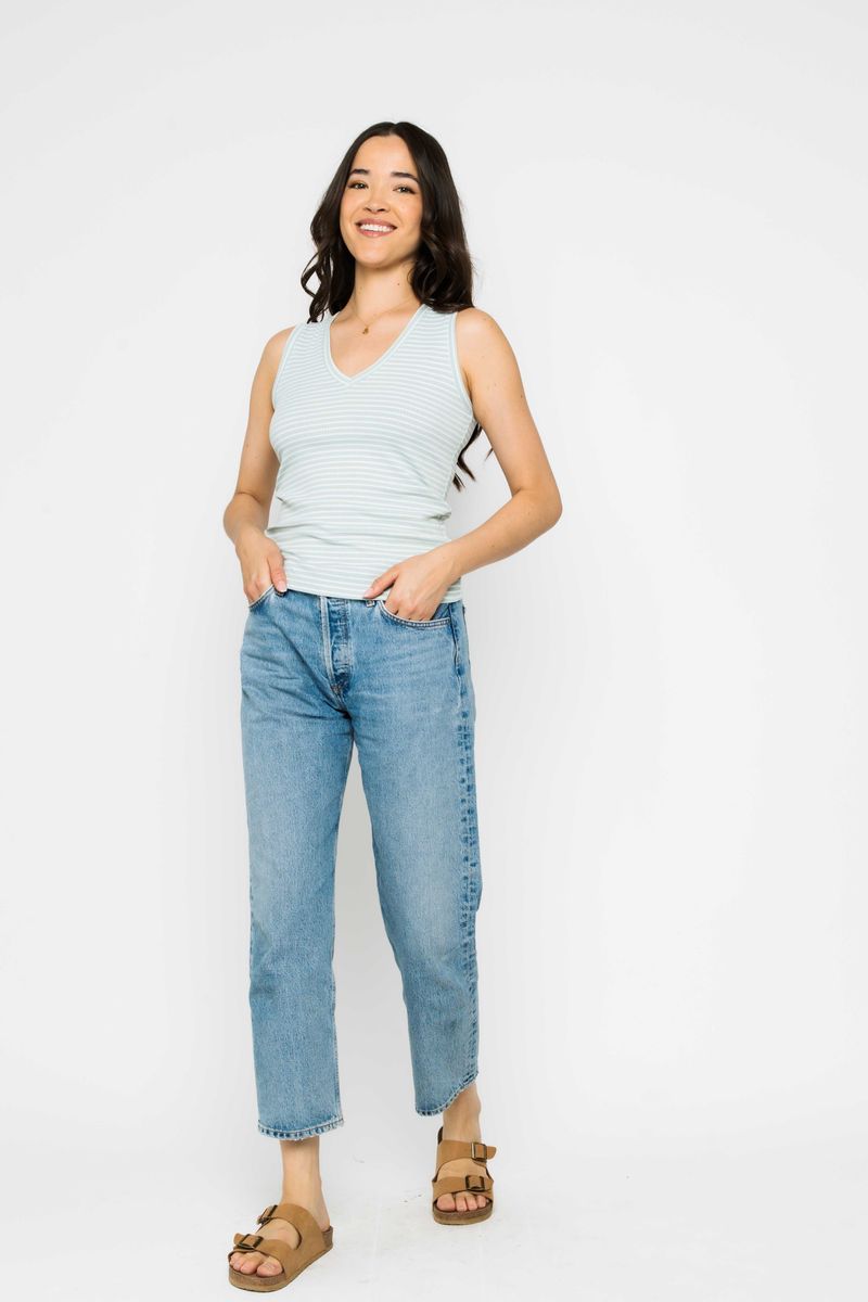Joelle-Textured Vee Neck Aquamarine Stripe Tank ORB