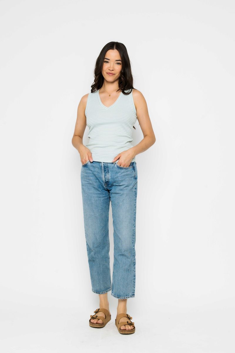 Joelle-Textured Vee Neck Aquamarine Stripe Tank ORB
