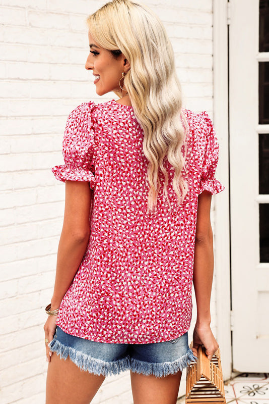 Pink Abstract Ruffle Sleeve Shirt