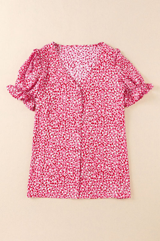 Pink Abstract Ruffle Sleeve Shirt
