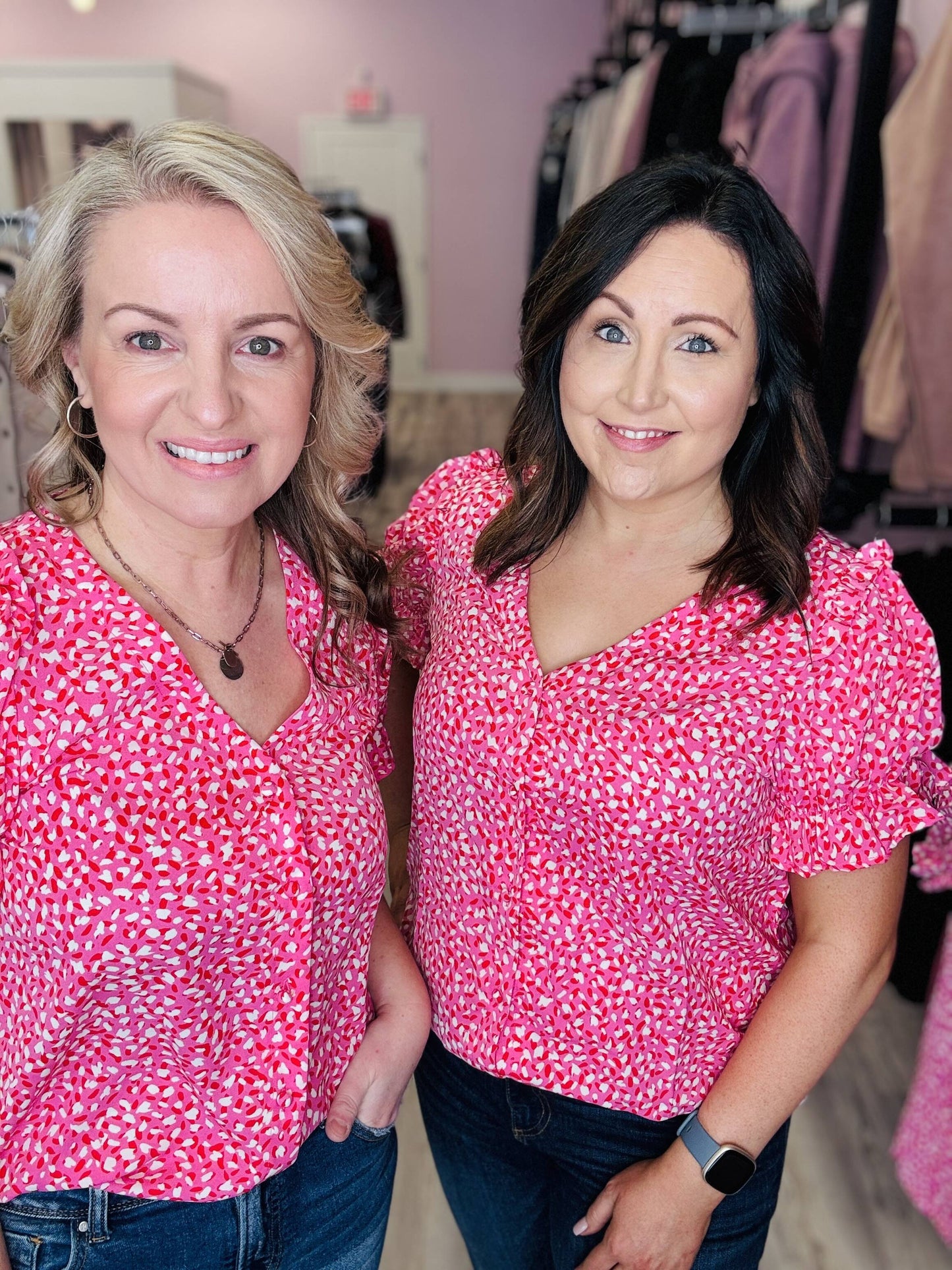 Pink Abstract Ruffle Sleeve Shirt