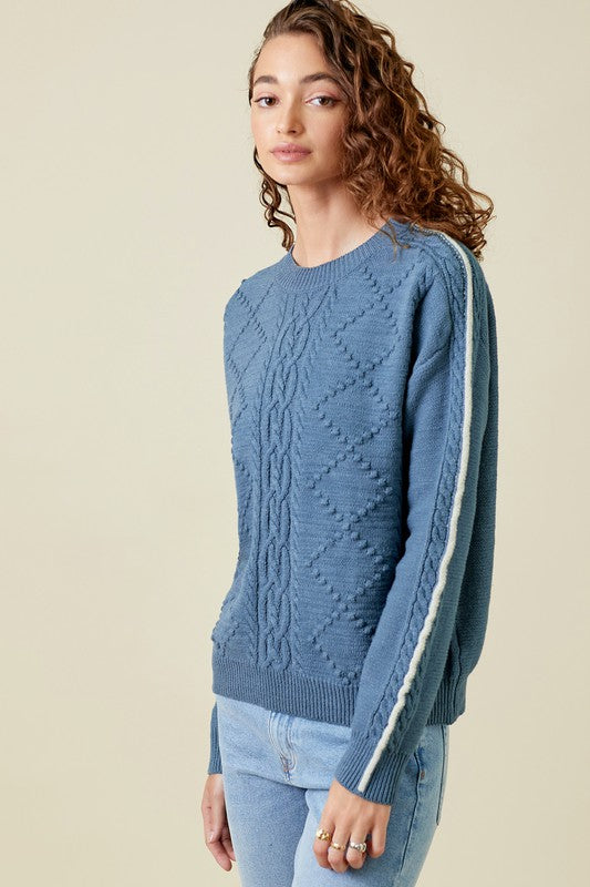 Piping Inset Sleeve Cable Sweater-Denim Blue