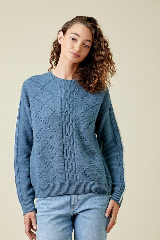 Piping Inset Sleeve Cable Sweater-Denim Blue