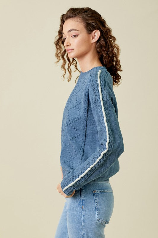 Piping Inset Sleeve Cable Sweater-Denim Blue