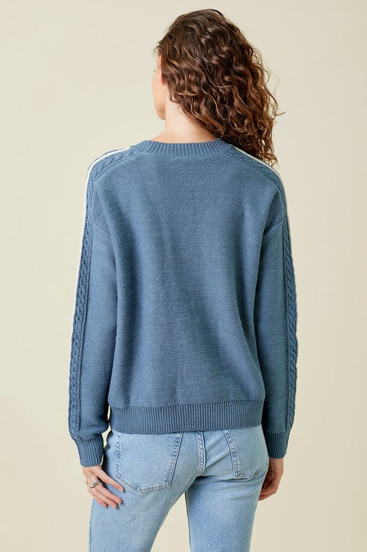 Piping Inset Sleeve Cable Sweater-Denim Blue
