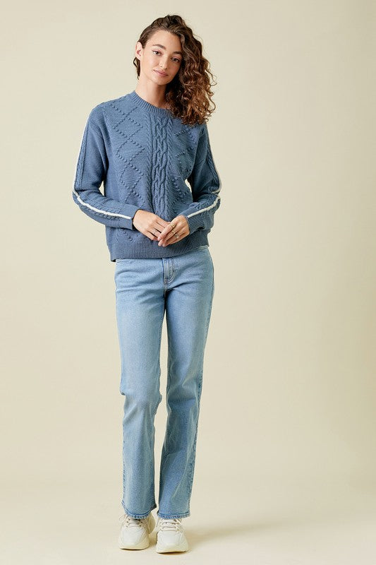 Piping Inset Sleeve Cable Sweater-Denim Blue