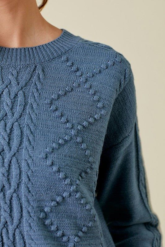 Piping Inset Sleeve Cable Sweater-Denim Blue
