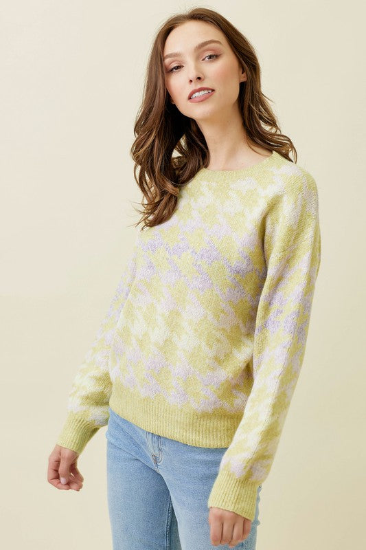Houndstooth Patterned Multi Color Pullover Sweater-Lime/Lavender