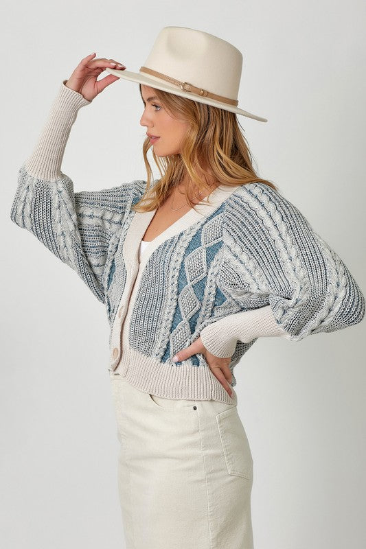Mixed Weaving Sweater Cardigan-Blue