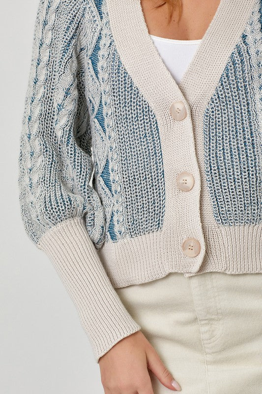 Mixed Weaving Sweater Cardigan-Blue