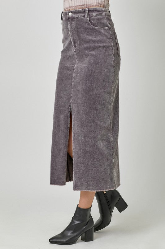 Washed Front Slit Corduroy Skirt-Vintage Grey