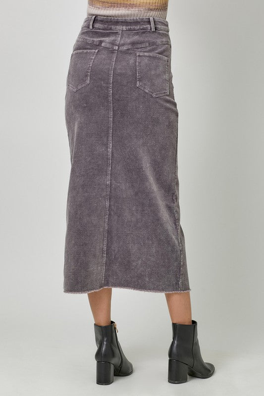 Washed Front Slit Corduroy Skirt-Vintage Grey