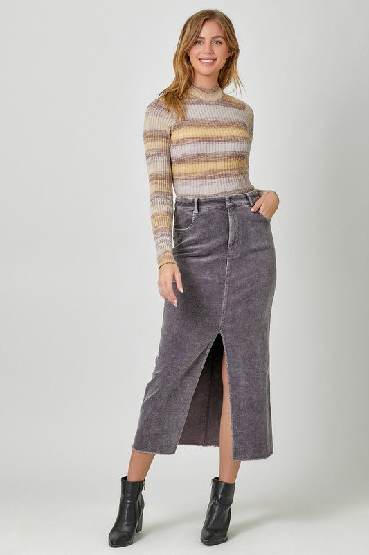 Washed Front Slit Corduroy Skirt-Vintage Grey