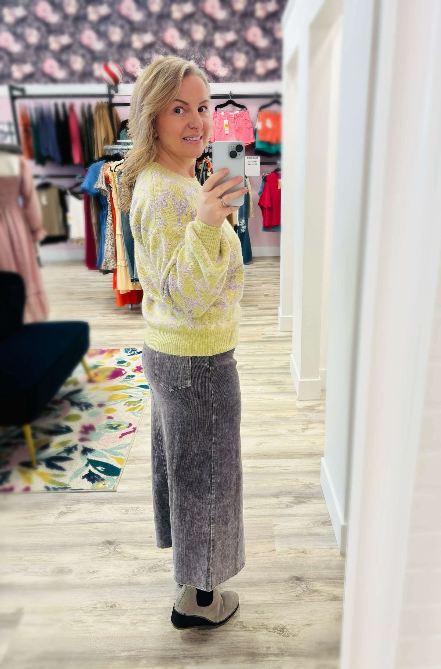 Washed Front Slit Corduroy Skirt-Vintage Grey