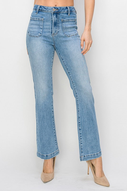 HIGH RISE PATCH POCKET STRAIGHT JEANS - RISEN JEANS