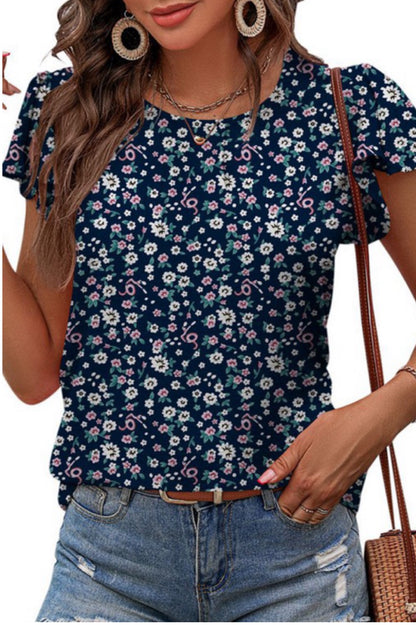 Navy Blue Floral Short Sleeve