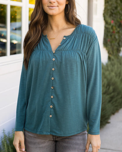 Sea Green Button Front Ruched Top G&L