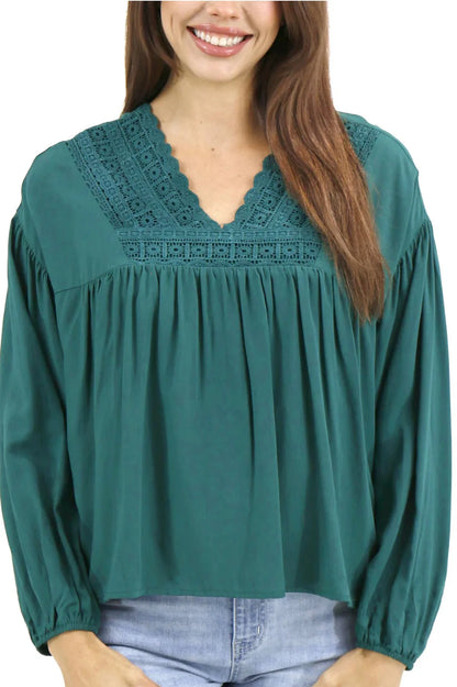 Grace & Lace EVERGREEN Boho Lace Trim Top