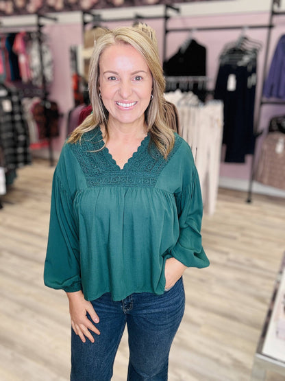 Grace & Lace EVERGREEN Boho Lace Trim Top