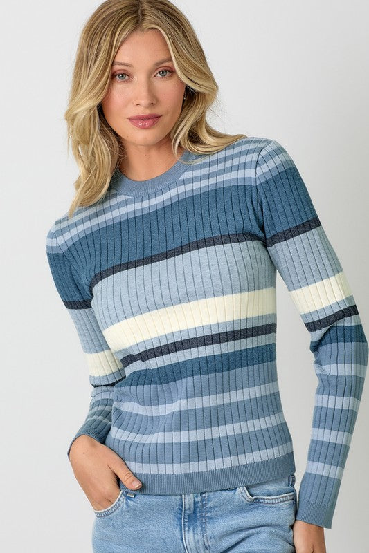 Color Block Striped Sweater Top-Blue/Grey