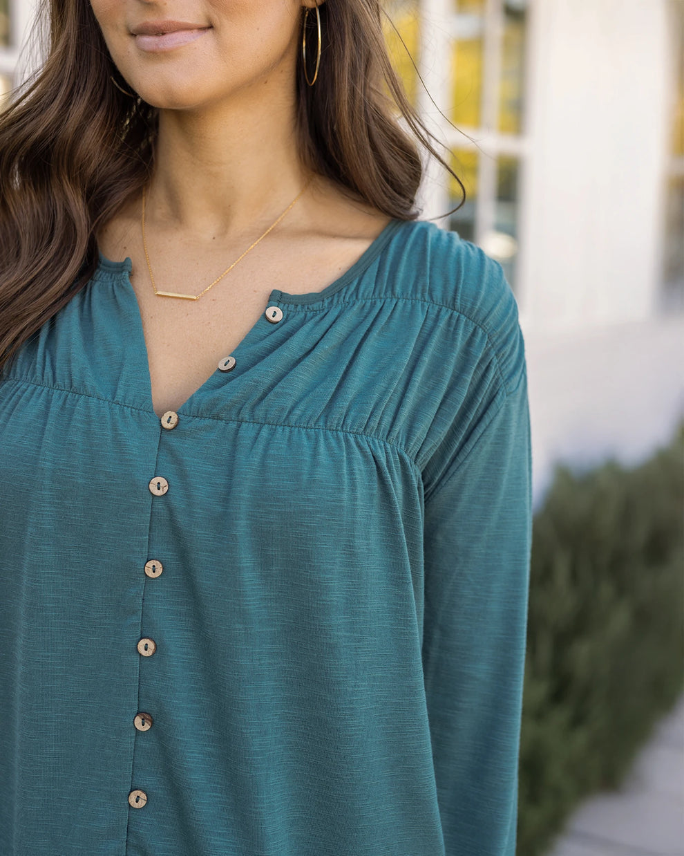 Sea Green Button Front Ruched Top G&L