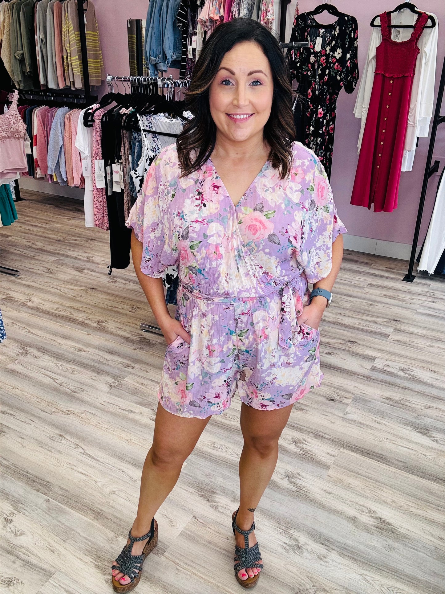 Grace & Lace Sweetest Floral Romper in Purple Floral