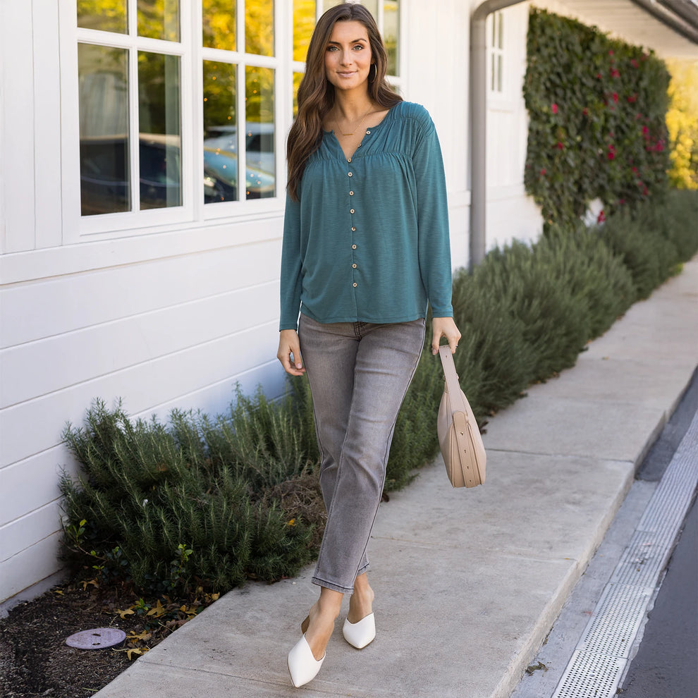 Sea Green Button Front Ruched Top G&L