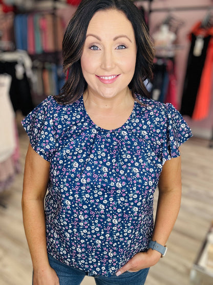 Navy Blue Floral Short Sleeve