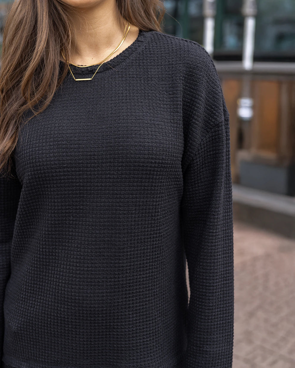 Black Slouchy Waffle Pullover G&L