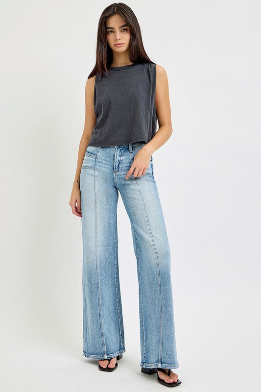 MID RISE WIDE JEANS WITH FRONT PATCH POCKET- RISEN JEANS