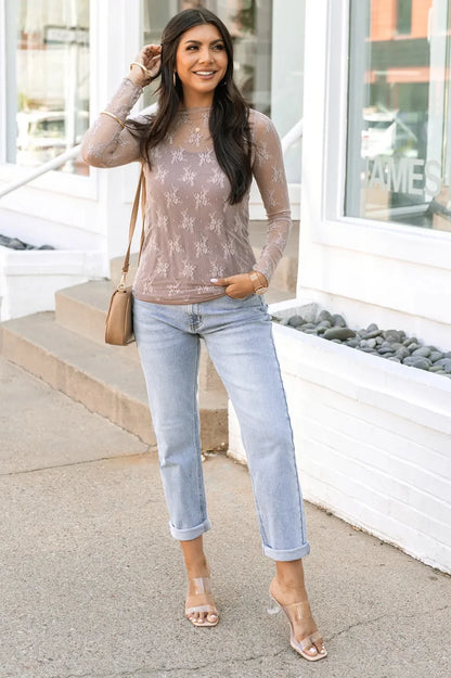 Grace & Lace TAUPE LACE MESH TOP