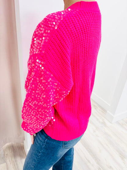 Sequin Cable Knit Sweater- Hot Pink