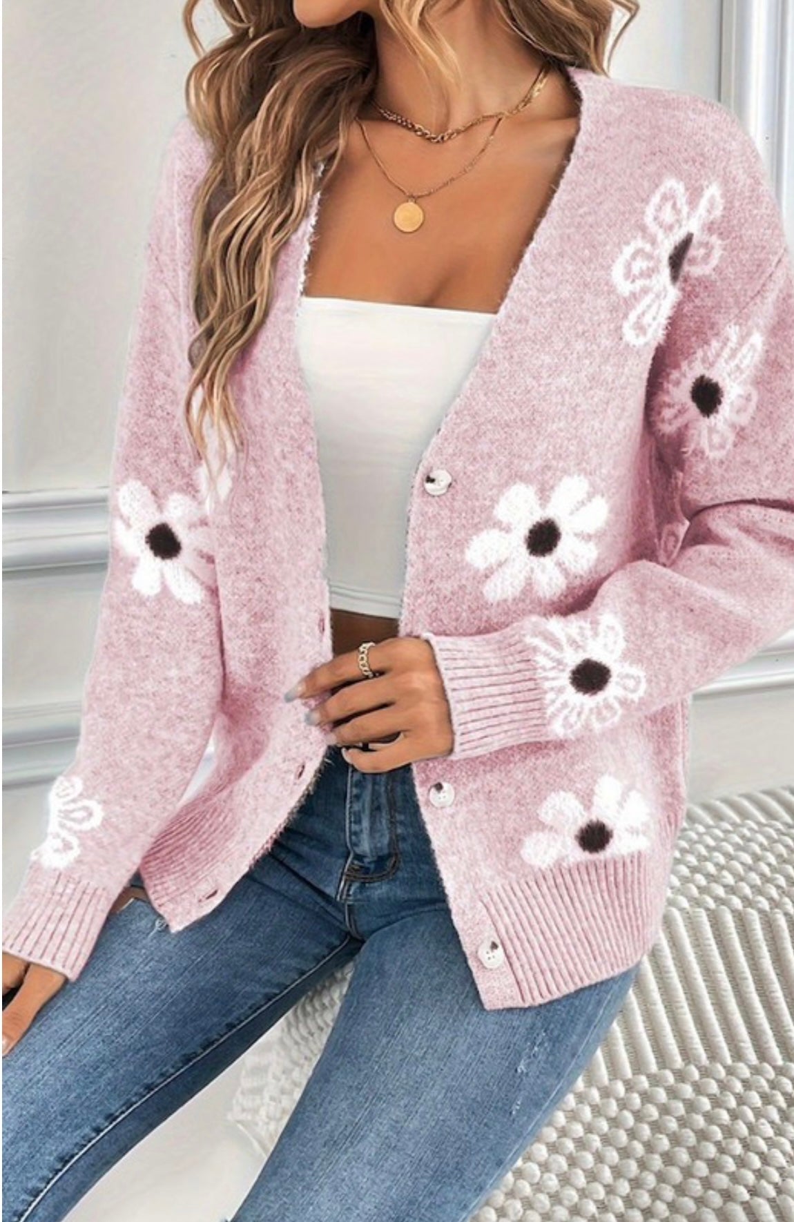 Floral Pattern Cardigan - Pink