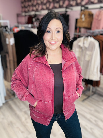 Vintage Washed Zip Up Sweatshirt in Washed Red