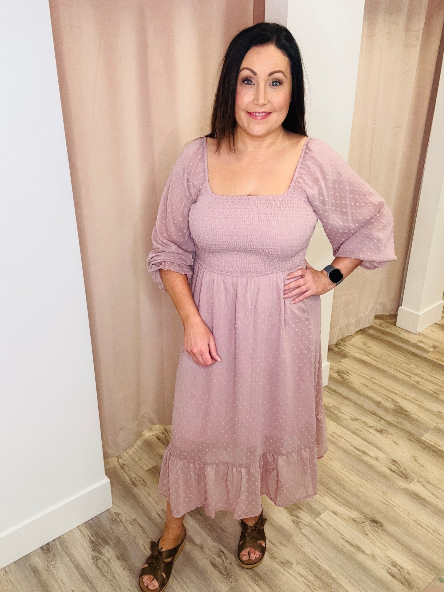 Blush Smocked long sleeve dot dress