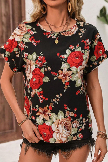 Red Floral - Printed Multi-Color U-Neck Short Sleeve Top