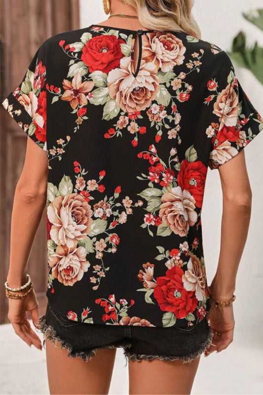 Red Floral - Printed Multi-Color U-Neck Short Sleeve Top