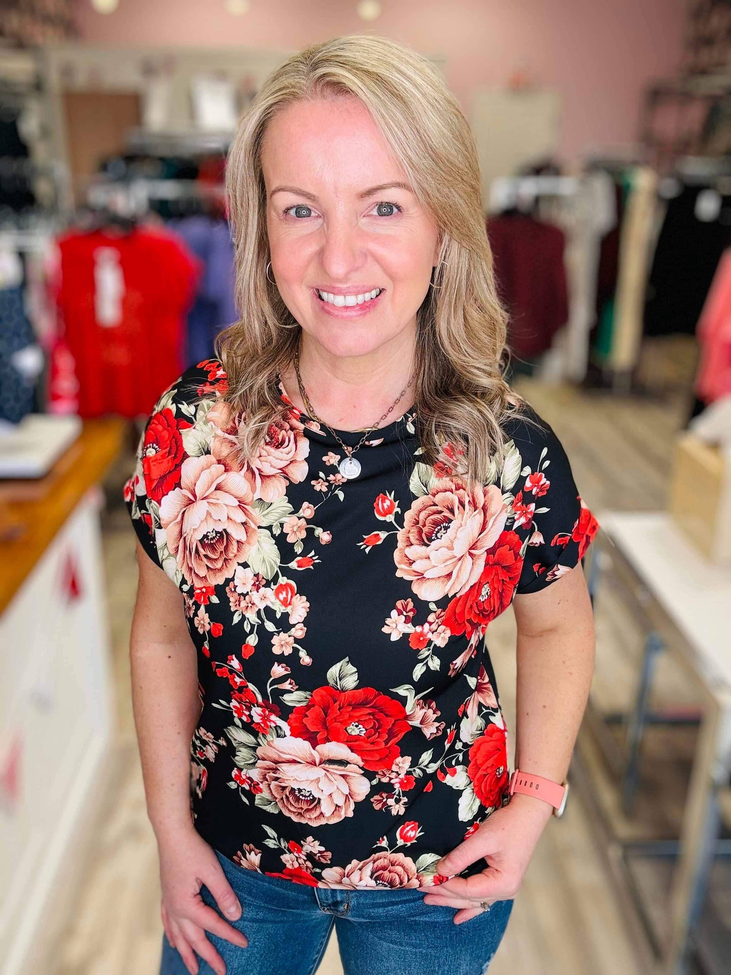 Red Floral - Printed Multi-Color U-Neck Short Sleeve Top