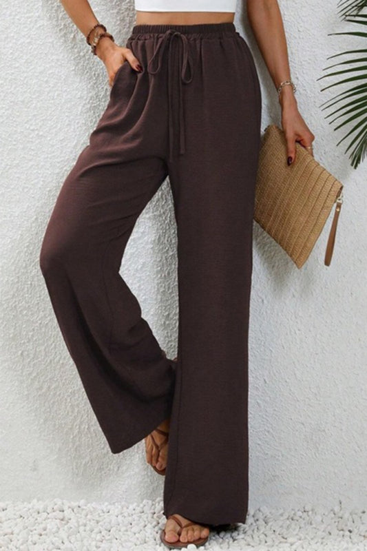 BROWN - Solid Color Wide Leg Casual Pants