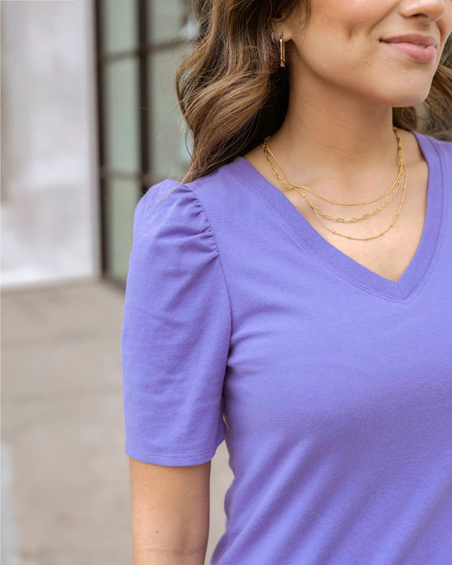 Grace & Lace Cotton Puff Sleeve V-Neck Top in Iris