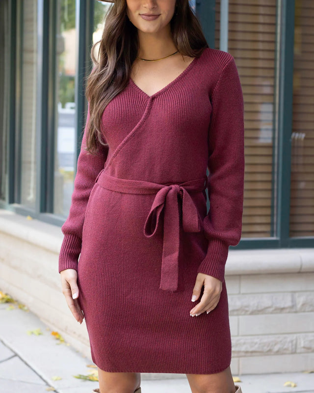 Grace & Lace Faux Wrap Cabernet Sweater Dress