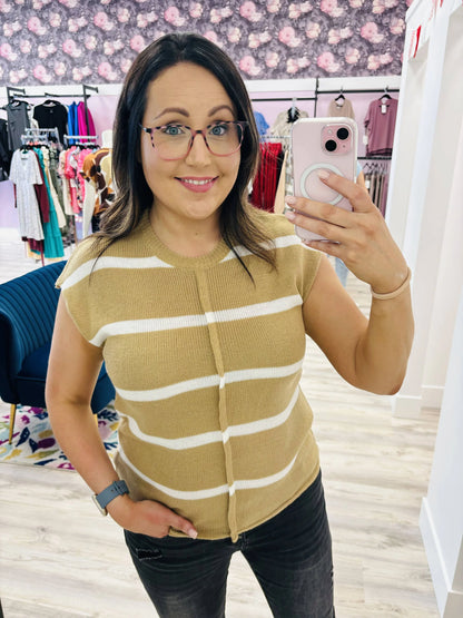 Thick Needle Knit Stripe Top - Khaki