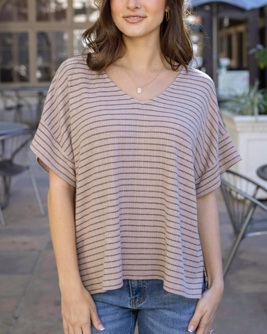 Grace & Lace Coziest Tan/Black Stripe Dolman Lounge Top