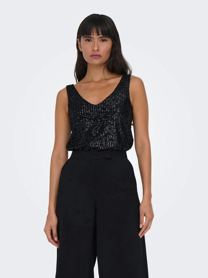 Sparkle V Neck Top by ONLY - BLACK