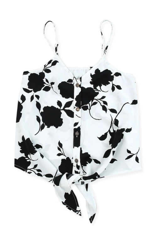 BLACK/WHITE -Floral Buttoned Tie Front Top