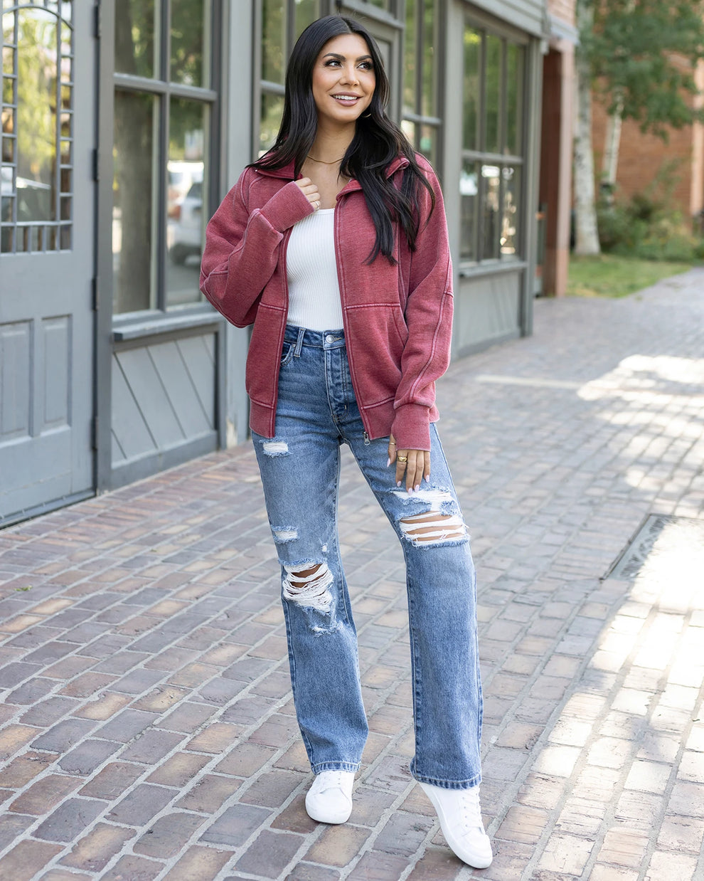 Vintage Washed Zip Up Sweatshirt in Washed Red