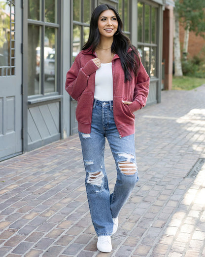 Vintage Washed Zip Up Sweatshirt in Washed Red