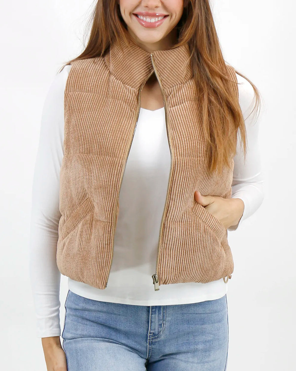 G&L Corduroy Puffer Vest in Camel