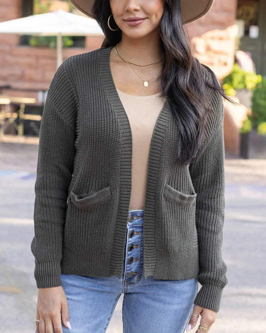 G&L Slouchy Knit Pocket Cardigan In Deep Olive